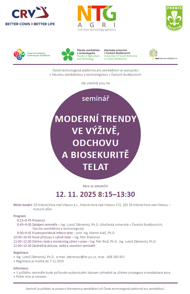 Pozvánka na seminář "Moderní trendy ve výživě, odchovu a biosekuritě telat" v Krásné Hoře