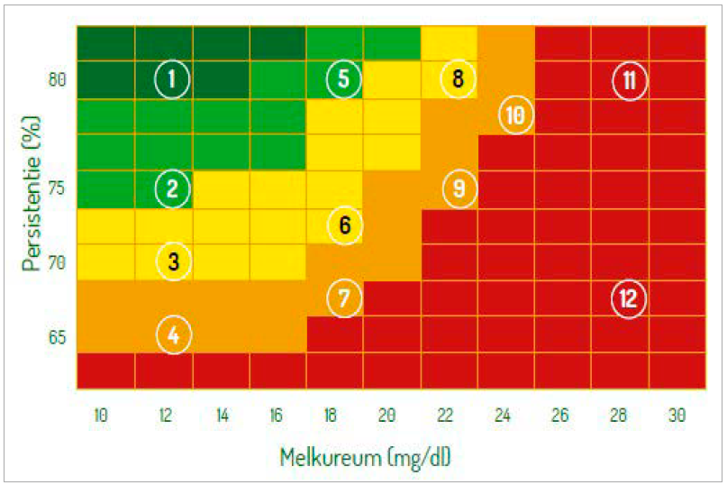 Figuur 2 – Geschatte verhouding tussen eiwitbenutting en melkproductie op basis van melkureum en persistentie