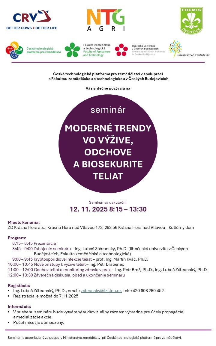 Pozvánka na seminár: MODERNÉ TRENDY VO VÝŽIVE, ODCHOVE A BIOSEKURITE TELIAT