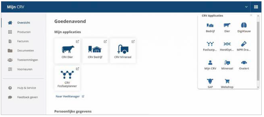 Via de tegel rechtsboven in Mijn CRV kan gemakkelijk worden geswitcht tussen verschillende applicaties zonder opnieuw te hoeven inloggen