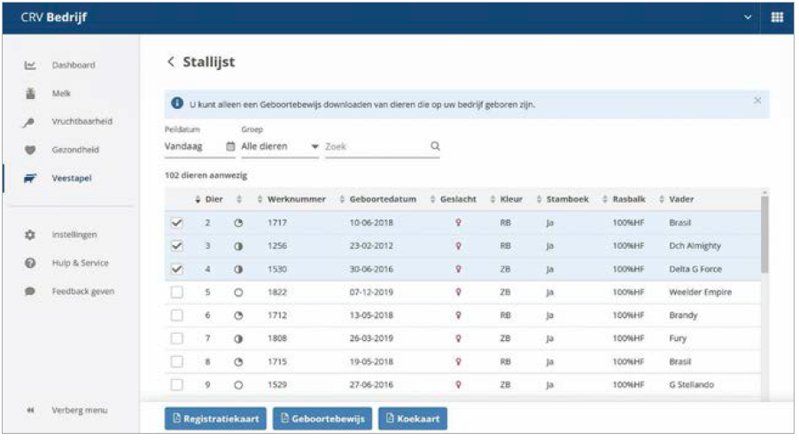 In CRV Bedrijf kunnen op de stallijst meerdere dieren worden geselecteerd voor het afdrukken van een registratiekaart, koekaart of geboortebewijs
