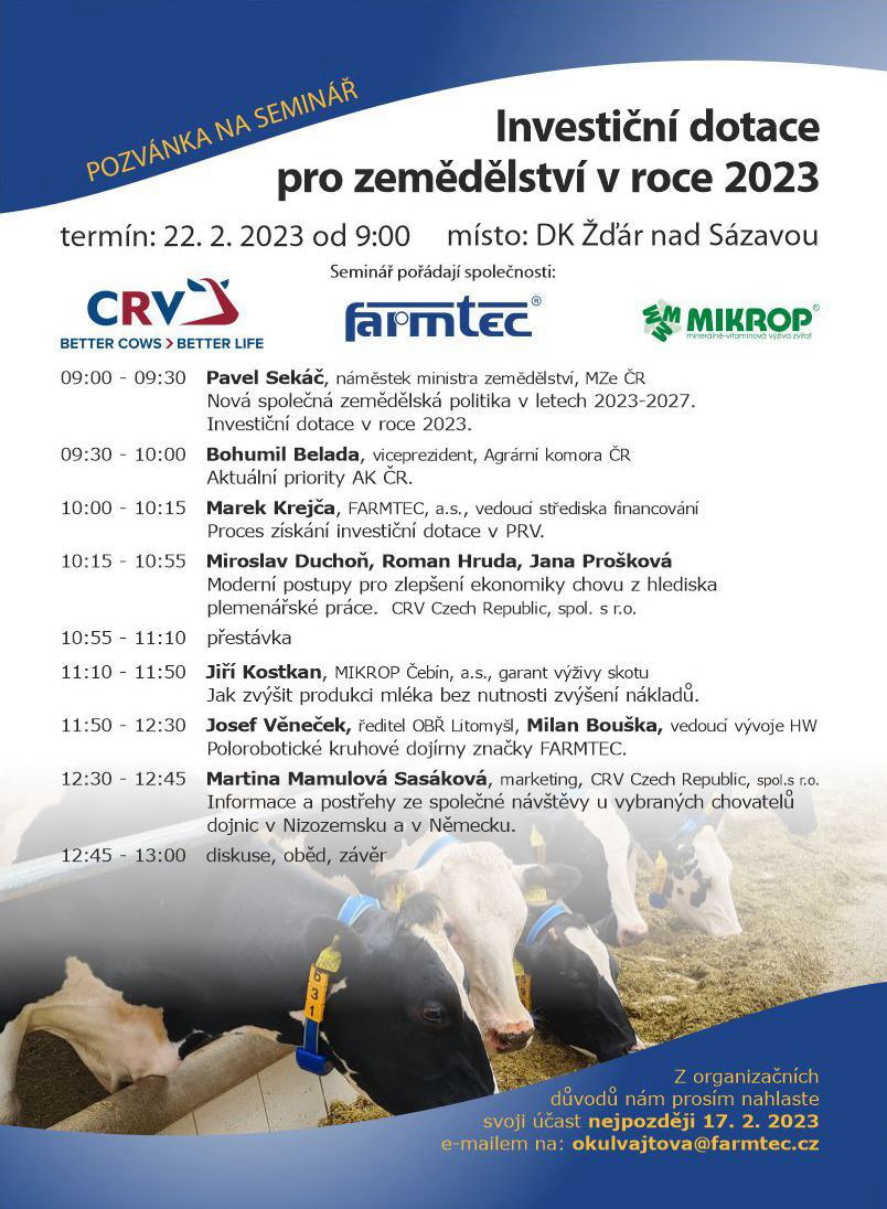 Seminář Investiční dotace pro zemědělství v roce 2023