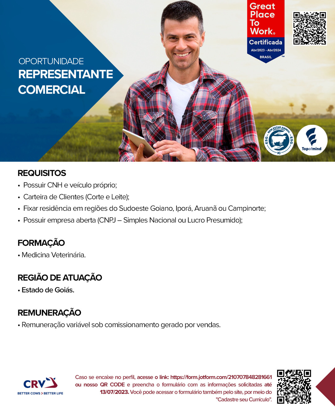 Vaga Representante Comercial 2023 - Goiás