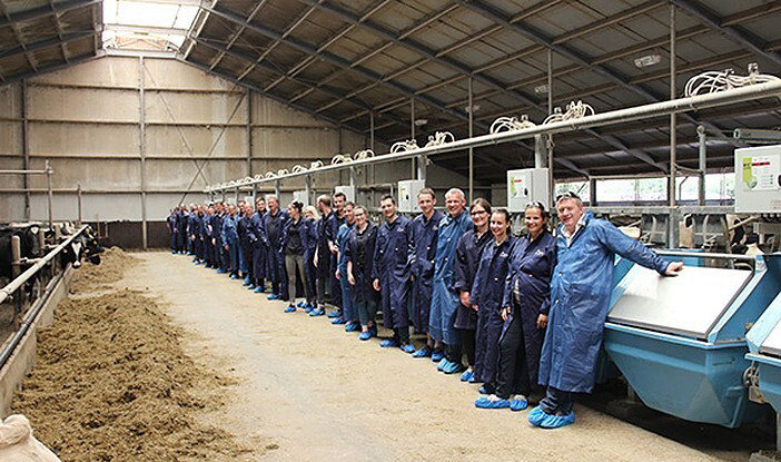 Das Verkaufsteam von CRV auf dem Betrieb Alders, auf dem CRV den Futterbedarf von Kühen während der Laktation erfasst.